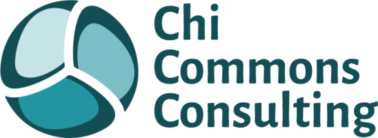 ChiCommons Consulting logo, a rondel with white open space in-between three tri-shade turquoise c-shaped arms, next to the words Chi Commons Consulting in dark turquoise text