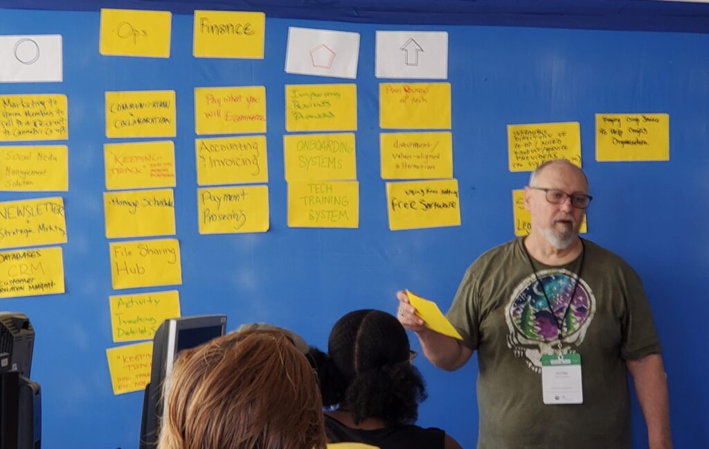 Facilitator standing in from of a Consensus Workshop wall.. The backs of some participants heads and some computer screens appear at the bottom of the image.